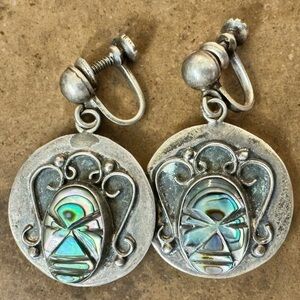 Taxco | 1940’s Carved Abalone Aztec Warrior Sterling Screw-Back Earrings